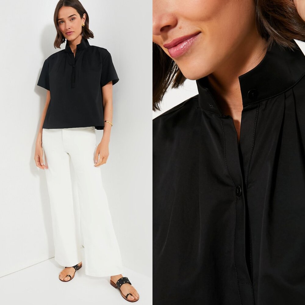 Pomander Place NEW Black Finn Short Sleeve Collared Button Down Popover Top M - Picture 3 of 9